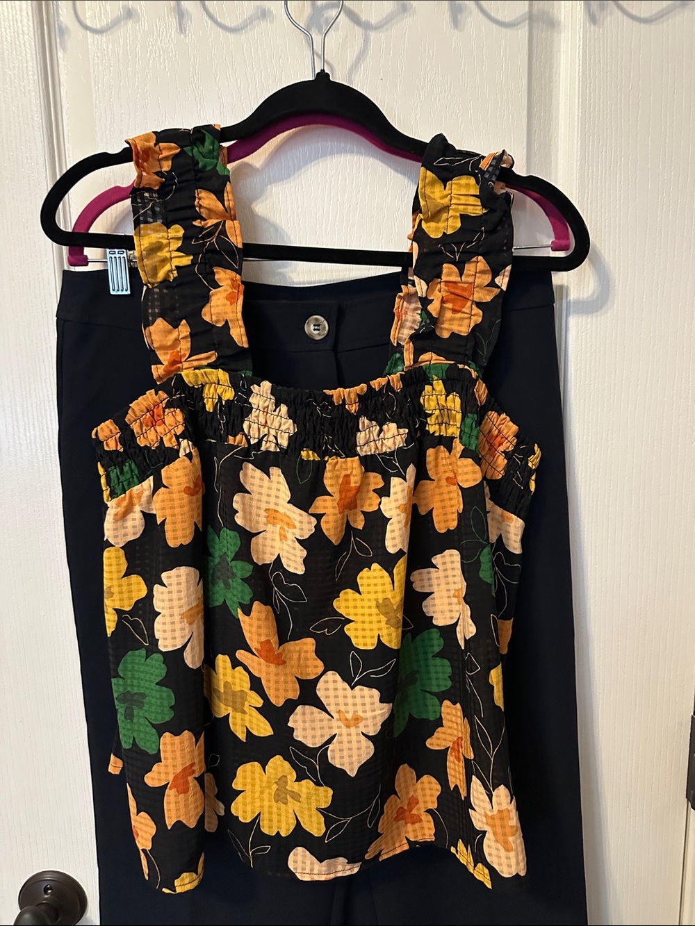 Who What Wear Black Floral Tank with Yellow, Orange & Cream Accents